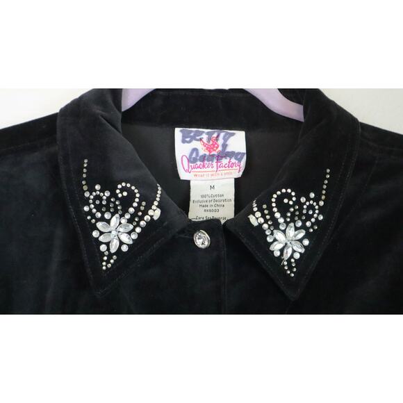 Vintage Quacker Factory Black Velvet Jacket Rhinestones Beaded Medium COTTON - Picture 3 of 8